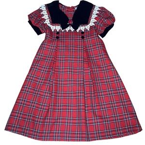 RARE EDITIONS Girls Red Plaid Short Puffy Sleeve Dress Black Velvet Collar Lace